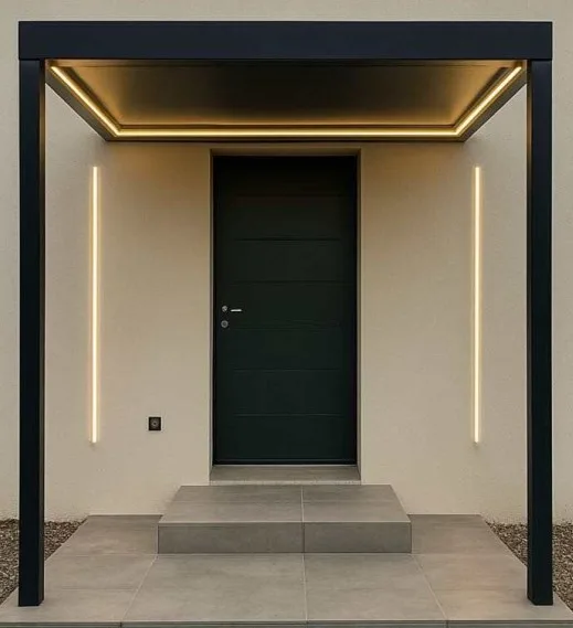 Freestanding aluminium entrance canopy on posts with LED lighting framing a front door