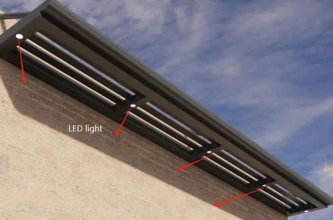 Louvre awning fitted with LED lights under the frame