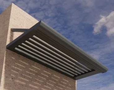 Aluminium louvre overhang awning seen from below against the sky
