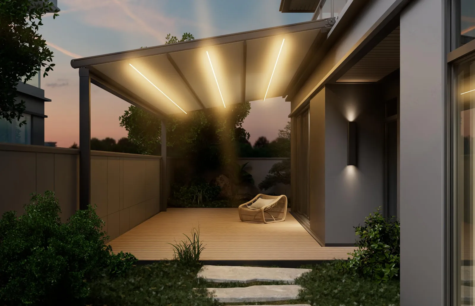 The same folding pergola at dusk with optional warm LED strips lit along the roof
